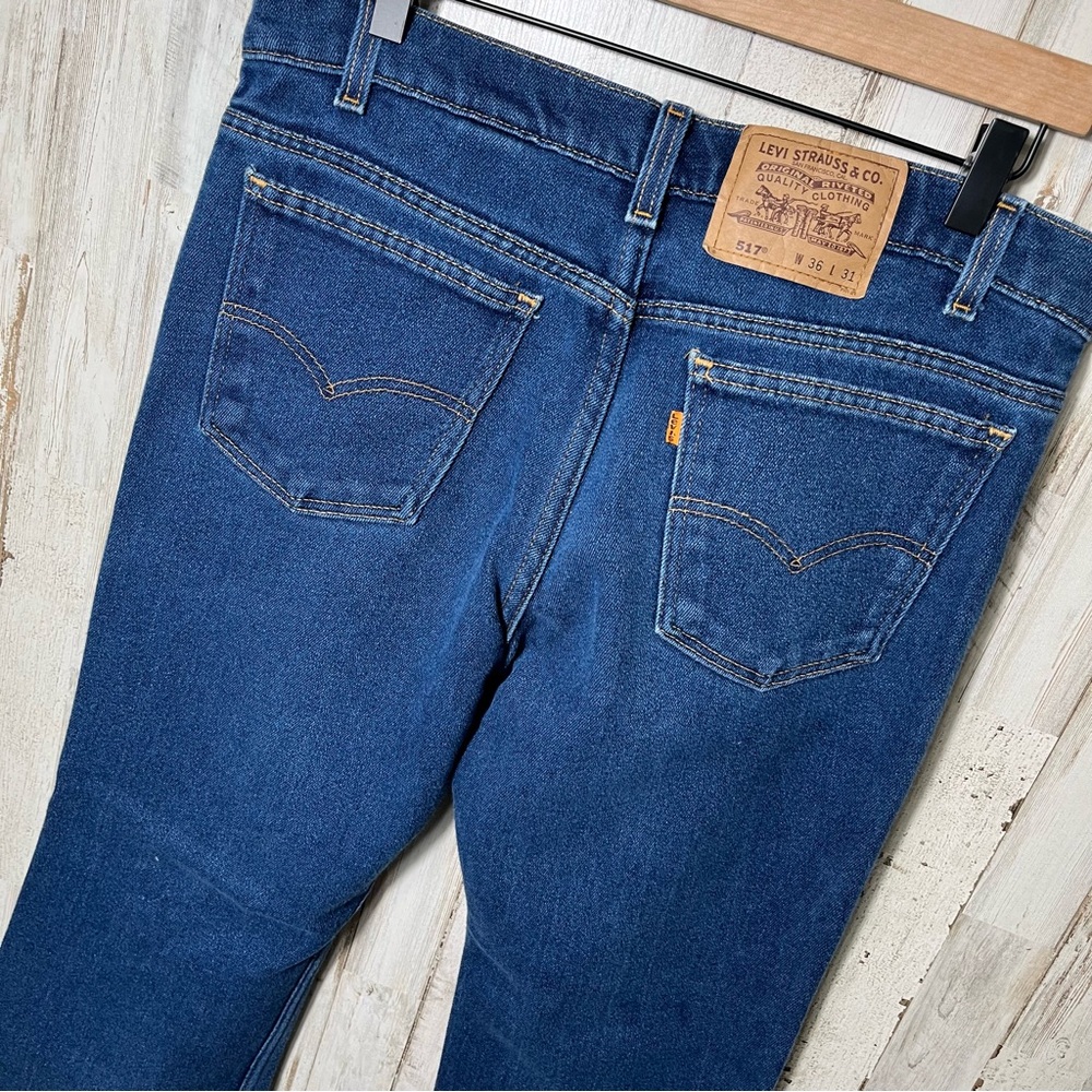 Vintage Levis 517 90s Orange‎ Tab Bootcut Jeans Dark Wash USA Mens Size 36 x 28